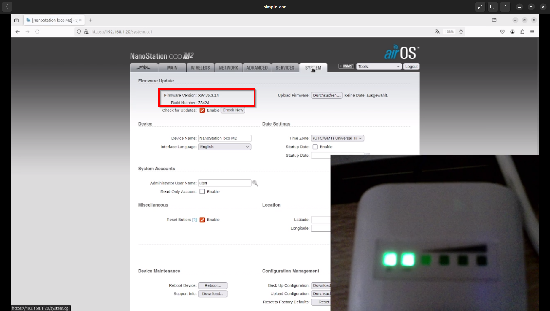 01a. Anzeige der installierten Firmware